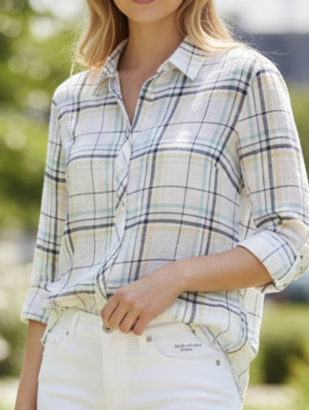 North River Outfitters Light Button-Down Shirt - White Blue Tan 100% Cotton Lg
